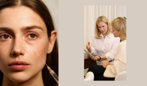 Gesicht einer Frau in der Nahaufnahme während der Behandlung ihrer Augenringe