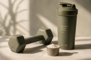 Kreatin für Frauen: Kurzhantel, Shaker und ein Messlöffel Proteinpulver auf hellem Untergrund im warmen Licht